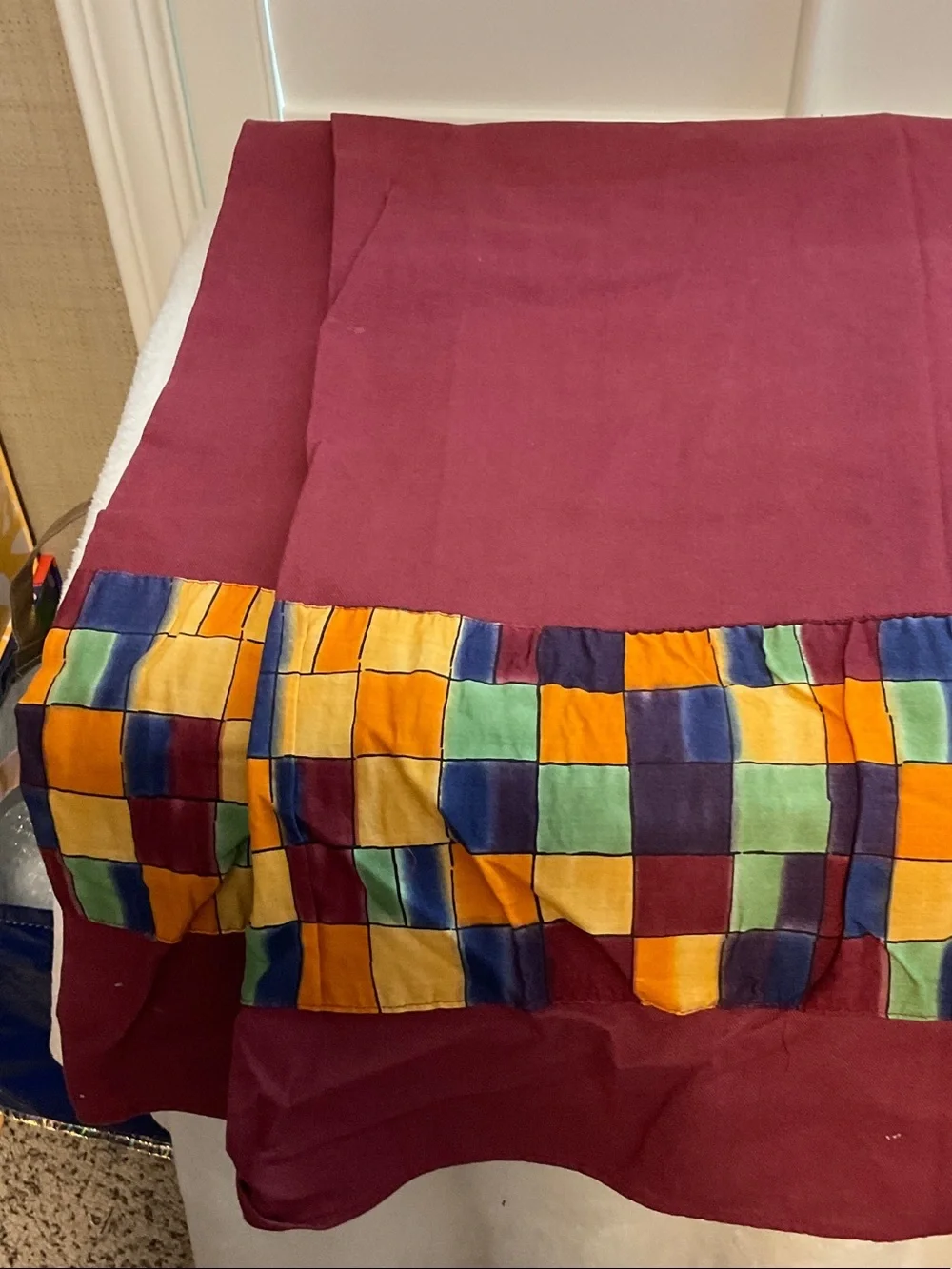 Dining Table Runner with Multicolor Checkered Accent - Burgundy